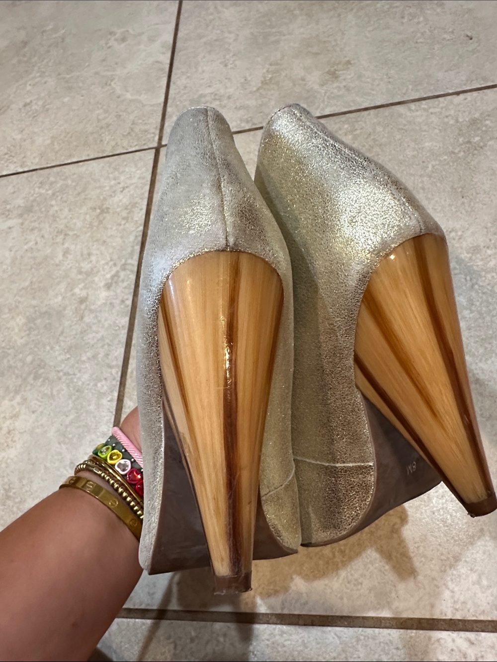 NEW! Vintage Jeffrey Campbell Dayne Gold Leather Wood Heel Booties Heels Boots 8 - Picture 7 of 10